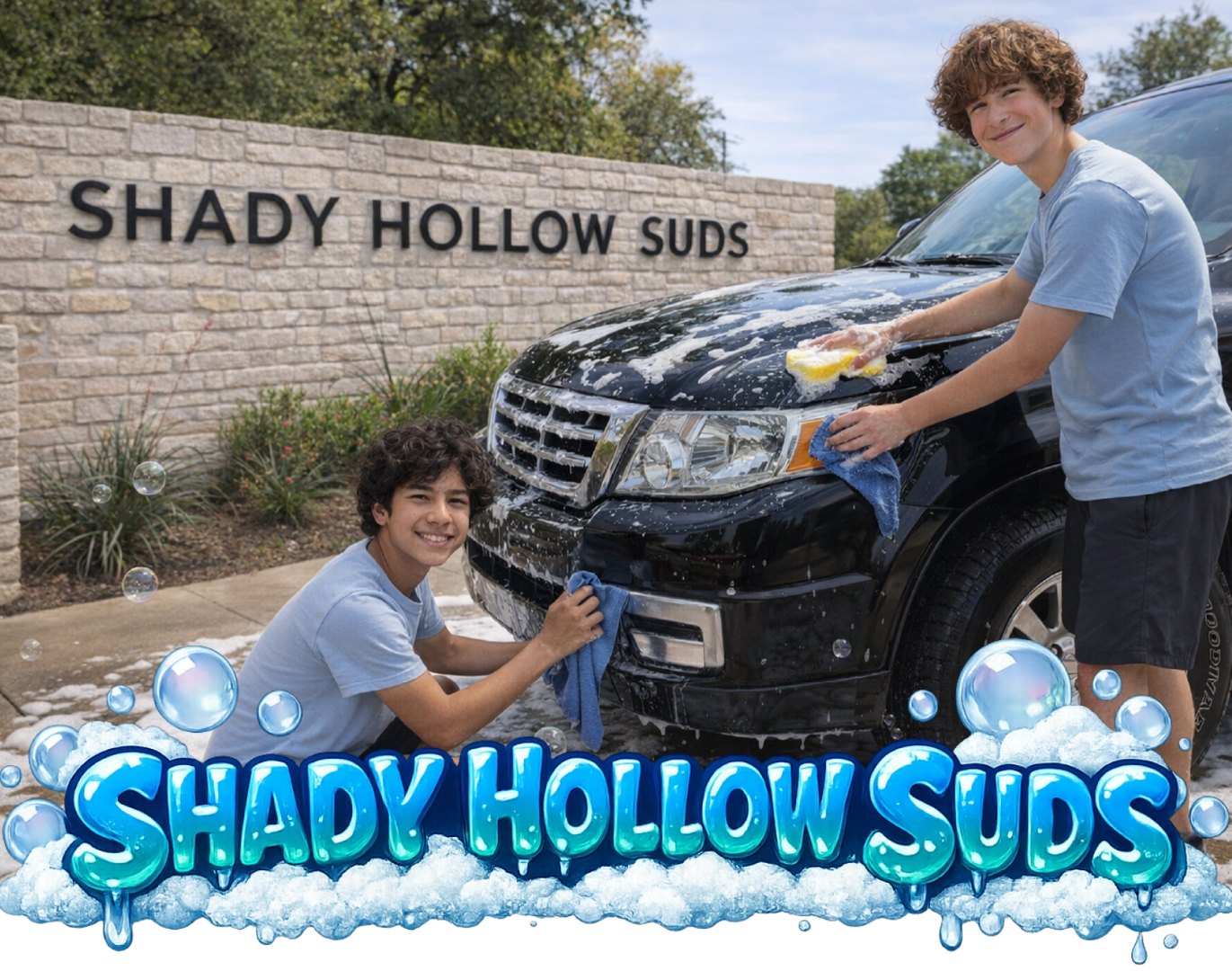 Shady Hollow Suds team washing a car in front of the Shady Hollow neighborhood entrance sign